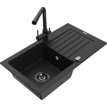 Granitový dřez Mexen Pablo granitový dřez s odkapávačem a kuchyňskou baterií Duero, černý - 6510-77-671600-70-B Granitové dřezy s baterií
