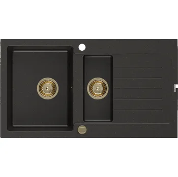 Granitový dřez Mexen Matias granitový dřez 1,5-komorový s odkapávačem 900 x 505 mm, černý/zlatý metalík, zlatý sifon - 6502901505-75-G Granitové dřezy