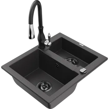 Granitový dřez Mexen Carlos žulový dřez 1,5-komorový s kuchyňskou baterií Savita, černý tečkovaný - 6518-76-672601-70-B Granitové dřezy s baterií