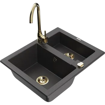 Granitový dřez Mexen Carlos žulový dřez s 1,5 komorou a kuchyňskou baterií Telma, černý tečkovaný - 6518-76-670200-50 Granitové dřezy s baterií