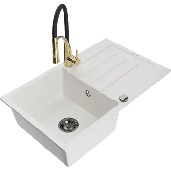 Granitový dřez Mexen Bruno granitový dřez 1-komorový s odkapávačem a kuchyňskou baterií Aster, bílý - 6513-20-73450-57-B Granitové dřezy s baterií