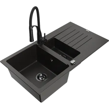 Granitový dřez Mexen Matias žulový dřez 1,5-komorový s odkapávačem a kuchyňskou baterií Aster, černý/zlatý metalický - 6502-75-73450-70-B Granitové dřezy s baterií