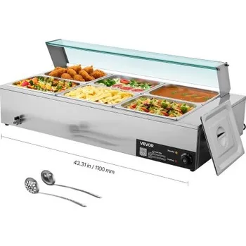 Ohřívač a sterilizátor VEVOR Komerční ohřívač jídla, 1500W elektrický nerezový parní ohřívač jídla se skleněným krytem, ​​6 x 1/2 pánve velikosti Buffet Bain Marie s polévkou a perforovanými naběračkami, pro catering, restaurace a večírky