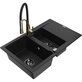 Granitový dřez Mexen Gaspar granitový dřez 1,5-komorový s odkapávačem a kuchyňská baterie Aster, černý - 6507-77-73450-57-B Granitové dřezy s baterií