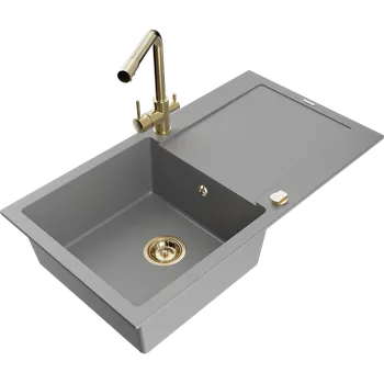 Granitový dřez Mexen Leo granitový dřez 1-komorový s odkapávačem a kuchyňskou baterií Duero, šedý - 6501-71-671600-50 Granitové dřezy s baterií