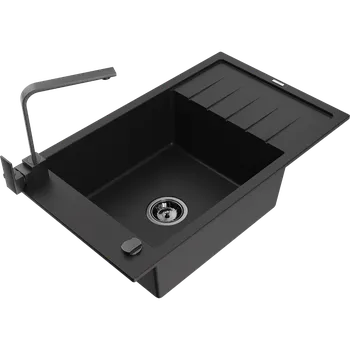 Granitový dřez Mexen Elias granitový dřez s jednou komorou, odkapávačem a kuchyňskou baterií Rita, černý - 6511-77-670300-70-B Granitové dřezy s baterií