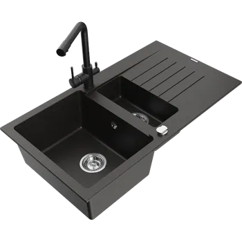 Granitový dřez Mexen Matias granitový dřez 1,5-komorový s odkapávačem a kuchyňskou baterií Duero, černý/zlatý metalik - 6502-75-671600-70 Granitové dřezy s baterií