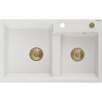 Granitový dřez Mexen Tomas žulový dřez 2 komorový 800 x 500 mm, bílý, zlatý sifon - 6516802000-20-G Granitové dřezy