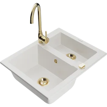 Granitový dřez Mexen Carlos granitový dřez 1,5-komorový s kuchyňskou baterií Telma, bílý - 6518-20-670200-50 Granitové dřezy s baterií