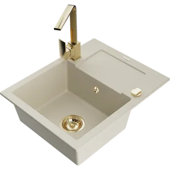 Granitový dřez Mexen Enzo granitový dřez s 1 vanou, odkapávačem a kuchyňskou baterií Rita, béžový - 6506-69-670300-50 Granitové dřezy s baterií