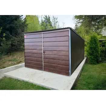 Přístřešek na auto Plechová garáž 3 x 5 m zadní spád, dvoukřídlá vrata široký panel Tmavý ořech