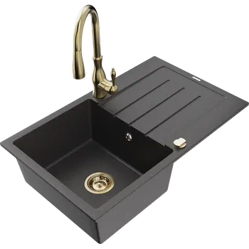 Granitový dřez Mexen Bruno granitový dřez 1-komorový s odkapávačem a kuchyňskou baterií Savita, černý skvrnitý - 6513-76-672601-50 Granitové dřezy s baterií