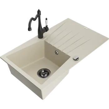 Granitový dřez Mexen Cesar jednokomorový granitový dřez s odkapávačem a kuchyňskou baterií Carla, béžový - 6514-69-670700-70 Granitové dřezy s baterií