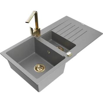 Granitový dřez Mexen Matias granitový dřez 1,5-komorový s odkapávačem a kuchyňskou baterií Rita, šedý - 6502-71-670300-50 Granitové dřezy s baterií