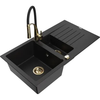 Granitový dřez Mexen Matias granitový dřez 1,5-komorový s odkapávačem a kuchyňskou baterií Aster, černý - 6502-77-73450-57-G Granitové dřezy s baterií