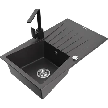 Granitový dřez Mexen Cesar granulitový dřez s odkapávačem a kuchyňskou baterií Rita, černý skvrnitý - 6514-76-670300-70 Granitové dřezy s baterií