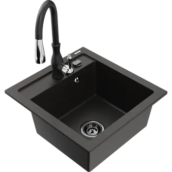 Granitový dřez Mexen Vito granitový dřez s 1 komorou a kuchyňskou baterií Savita, černý/zlatý metalik - 6503-75-672601-70-B Granitové dřezy s baterií