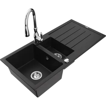 Granitový dřez Mexen Andres granitový dřez 1,5-komorový s odkapávačem a kuchyňskou baterií Savita, černý - 6515-77-672601-00 Granitové dřezy s baterií