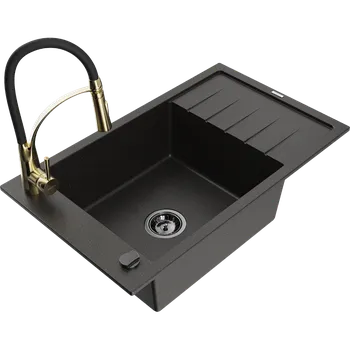 Granitový dřez Mexen Elias granitový dřez 1-komorový s odkapávačem a kuchyňskou baterií Aster, černý/zlatý metalik - 6511-75-73450-57-B Granitové dřezy s baterií