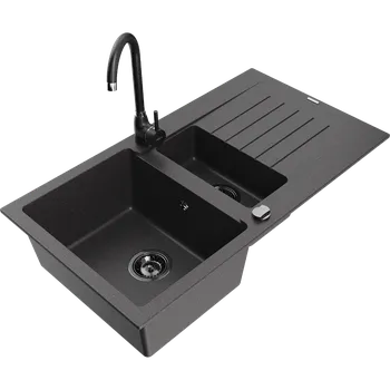 Granitový dřez Mexen Matias granitový dřez 1,5 komorový s odkapávačem a kuchyňskou baterií Telma, černý strakatý - 6502-76-670200-70-B Granitové dřezy s baterií