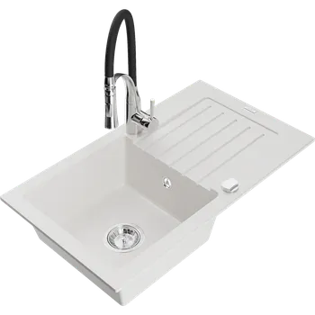 Granitový dřez Mexen Pablo granitový dřez s jednou komorou a odkapávačem a kuchyňskou baterií Aster, bílý - 6510-20-73450-07 Granitové dřezy s baterií