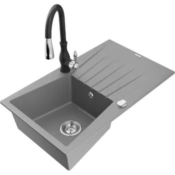 Granitový dřez Mexen Cesar granitový dřez 1-komorový s odkapávačem a kuchyňskou baterií Savita, šedý - 6514-71-672601-70 Granitové dřezy s baterií