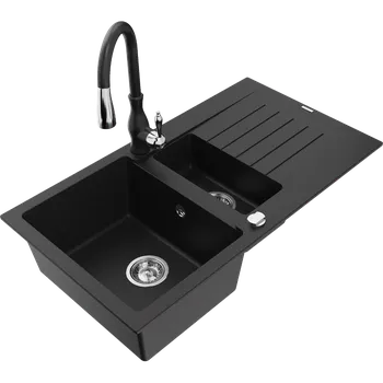 Granitový dřez Mexen Matias granitový dřez 1,5-komorový s odkapávačem a kuchyňskou baterií Savita, černý - 6502-77-672601-70 Granitové dřezy s baterií