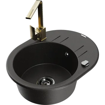 Granitový dřez Mexen Kevin žulový dřez 1-komorový s odkapávačem a kuchyňskou baterií Rita, černý/zlatý metalický - 6517-75-670300-50-B Granitové dřezy s baterií