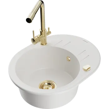 Granitový dřez Mexen Kevin granitový dřez 1-komorový s odkapávačem a kuchyňskou baterií Duero, bílý - 6517-20-671600-50 Granitové dřezy s baterií