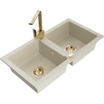 Granitový dřez Mexen Mario granitový dřez 2-komorový s kuchyňskou baterií Rita, béžový - 6504-69-670300-50 Granitové dřezy s baterií