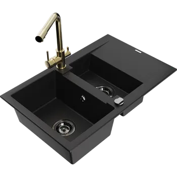 Granitový dřez Mexen Gaspar granitový dřez 1,5-komorový s odkapávačem a kuchyňskou baterií Duero, černý - 6507-77-671600-50-B Granitové dřezy s baterií