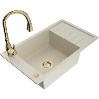 Granitový dřez Mexen Elias granitový dřez 1-komorový s odkapávačem a kuchyňskou baterií Savita, béžový - 6511-69-672601-50 Granitové dřezy s baterií