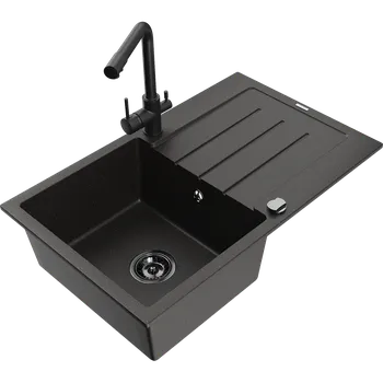 Granitový dřez Mexen Bruno granitový dřez 1-komorový s odkapávačem a kuchyňskou baterií Duero, černý/zlatý metalik - 6513-75-671600-70-B Granitové dřezy s baterií