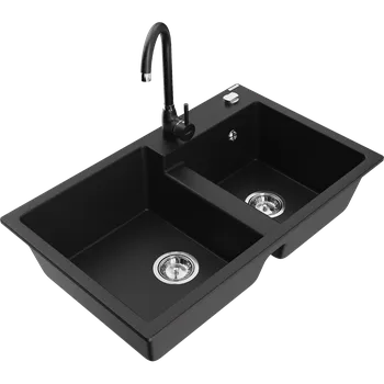 Granitový dřez Mexen Tomas žulový dřez s 2 komorami a kuchyňskou baterií Telma, černý - 6516-77-670200-70 Granitové dřezy s baterií
