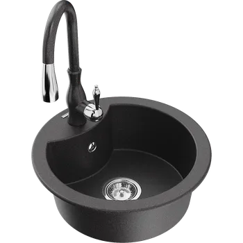 Granitový dřez Mexen Diego granitový dřez s 1 komorou a kuchyňskou baterií Savita, černý skvrnitý - 6512-76-672601-76 Granitové dřezy s baterií