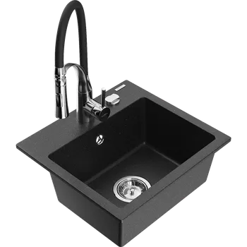Granitový dřez Mexen Milo granitový dřez s 1 vanou a kuchyňskou baterií Aster, černý/stříbrný metalický - 6505-73-73450-07 Granitové dřezy s baterií