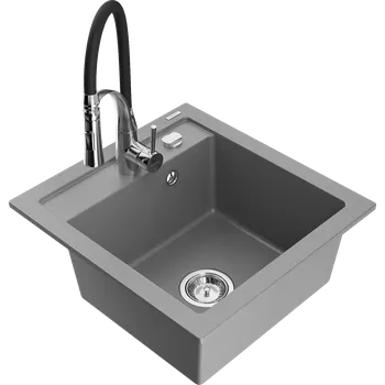 Granitový dřez Mexen Vito granitový dřez s 1 vaničkou a kuchyňskou baterií Aster, šedý - 6503-71-73450-07 Granitové dřezy s baterií