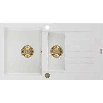 Granitový dřez Mexen Matias granitový dřez 1,5-komorový s odkapávačem 900 x 505 mm, bílý, zlatý sifon - 6502901505-20-G Granitové dřezy