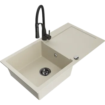 Granitový dřez Mexen Leo granitový dřez s 1 komorou, odkapávačem a kuchyňskou baterií Aster, béžový - 6501-69-73450-70-B Granitové dřezy s baterií
