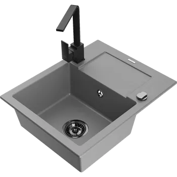 Granitový dřez Mexen Enzo granitový dřez s 1 komorou s odkapávačem a kuchyňskou baterií Rita, šedý - 6506-71-670300-70-B Granitové dřezy s baterií