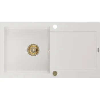 Granitový dřez Mexen Leo granitový dřez s jednou komorou a odkapávačem 900 x 500 mm, bílý, zlatý sifon - 6501901010-20-G Granitové dřezy