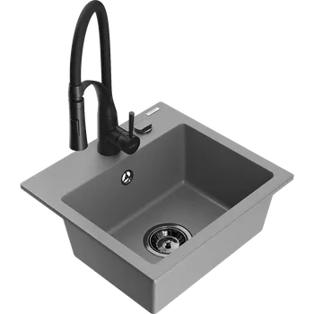 Granitový dřez Mexen Milo granitový dřez 1-komorový s kuchyňskou baterií Aster, šedý - 6505-71-73450-70-B Granitové dřezy s baterií