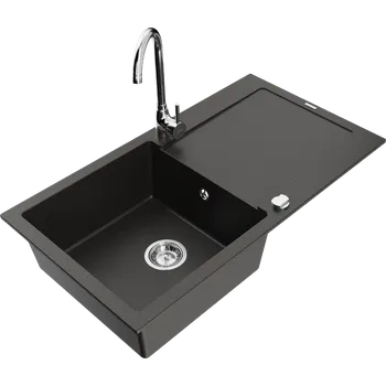 Granitový dřez Mexen Leo granitový dřez s 1 vanou s odkapávačem a kuchyňskou baterií Telma, černý/zlatý metalický - 6501-75-670200-00 Granitové dřezy s baterií