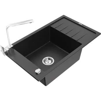 Granitový dřez Mexen Elias granitový dřez 1-komorový s odkapávačem a kuchyňská baterie Rita, černý/stříbrný metalík - 6511-73-670300-00 Granitové dřezy s baterií