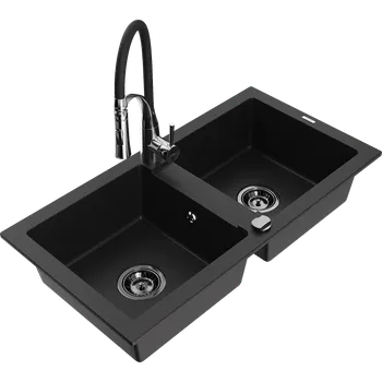 Granitový dřez Mexen Mario dvoukomorový žulový dřez s kuchyňskou baterií Aster, černý - 6504-77-73450-07-B Granitové dřezy s baterií