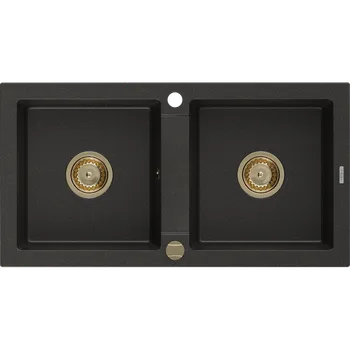 Granitový dřez Mexen Mario žulový dřez 2-komorový 820 x 436 mm, černý/zlatý metalický, sifon zlatý - 6504822000-75-G Granitové dřezy