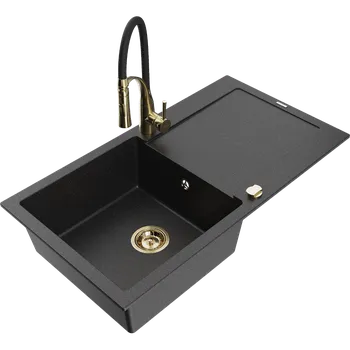 Granitový dřez Mexen Leo granitový dřez 1-komorový s odkapávačem a kuchyňskou baterií Aster, černý/stříbrný metalický - 6501-73-73450-57-G Granitové dřezy s baterií