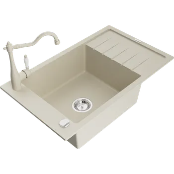 Granitový dřez Mexen Elias granitový dřez 1-komorový s odkapávačem a kuchyňskou baterií Carla, béžový - 6511-69-670700-69 Granitové dřezy s baterií