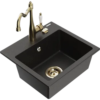 Granitový dřez Mexen Milo granitový dřez 1-komorový s kuchyňskou baterií Carla, černý/zlatý metalik - 6505-75-670700-50 Granitové dřezy s baterií