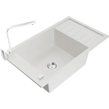 Granitový dřez Mexen Elias žulový dřez 1-komorový s odkapávačem a kuchyňskou baterií Rita, bílý - 6511-20-670300-00 Granitové dřezy s baterií